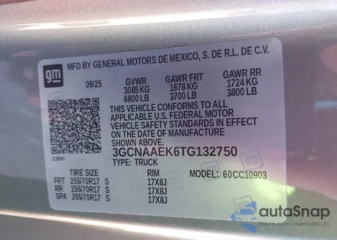 2026 Chevrolet Silverado 1500 2Wd Long Bed Wt z USA, uszkodzony, nr VIN 3GCNAAEK6TG132750